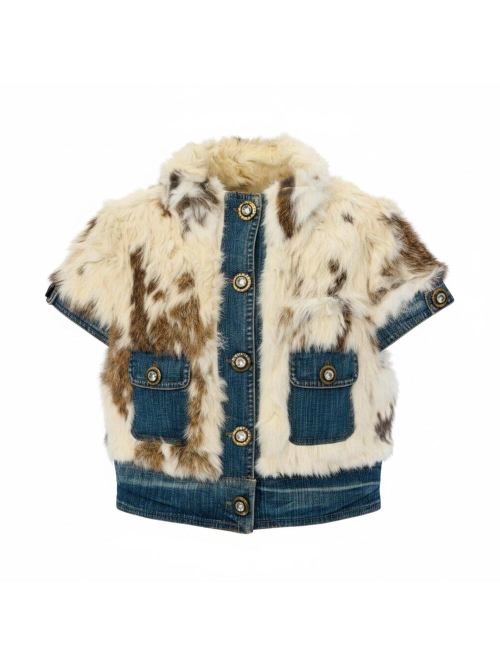 Ricamato Paris cropped denim fur jacket